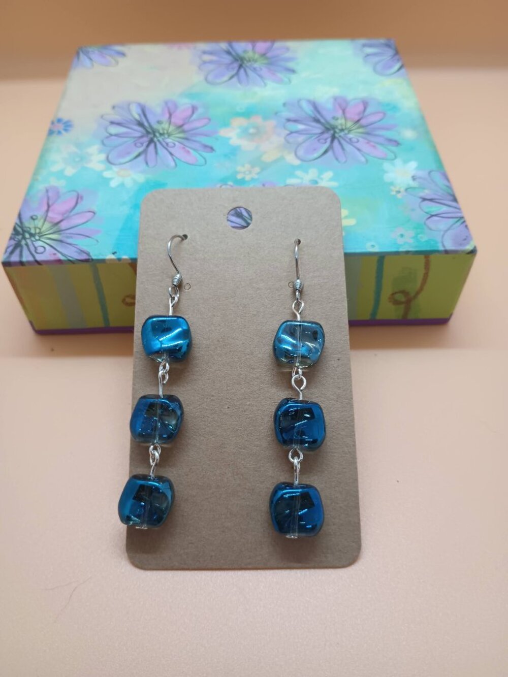 Deep Blue Iridescent 3 Bead Dangle Earrings